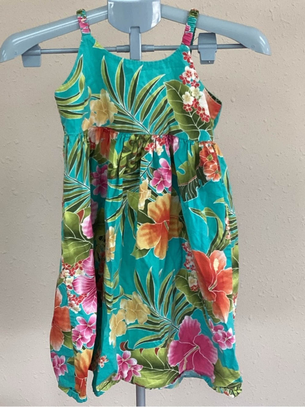 Girls' Teal Tropical Hawaiian Floral Sundress with Stretchy Straps